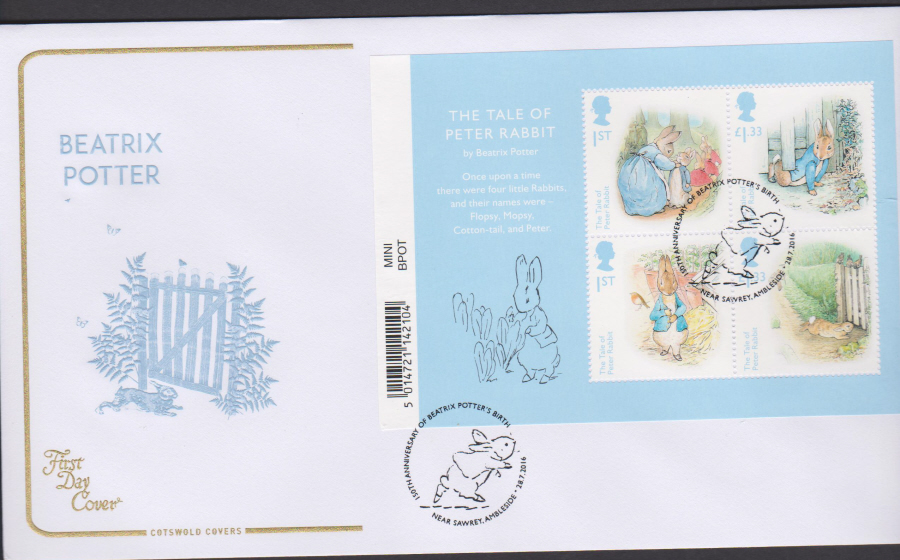 2016 - Beatrix Potter Minisheet COTSWOLD First Day Cover, Near Sawrey, Ambleside Postmark - Click Image to Close